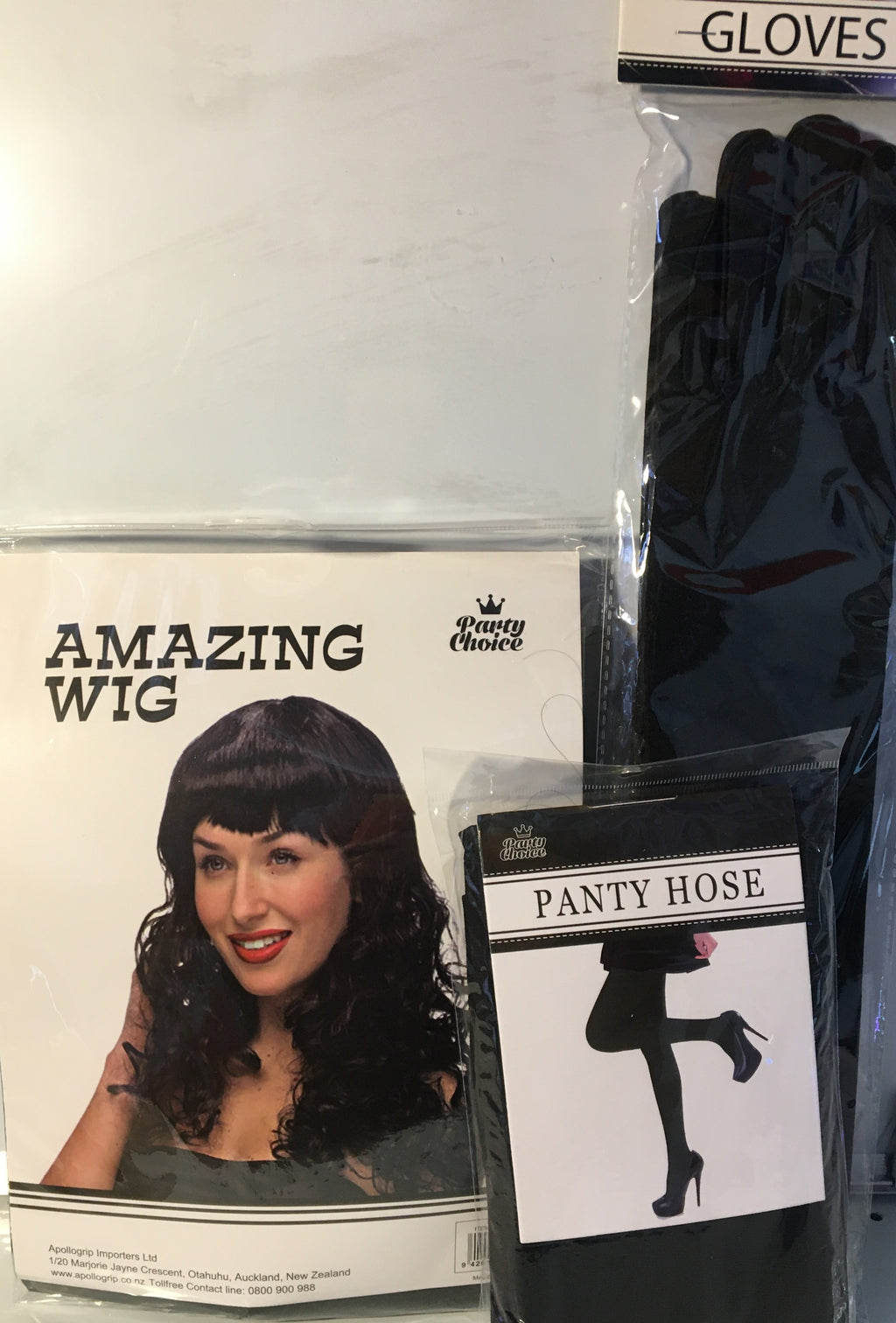 Women's Party Costume Set - 3pc Amazing Wig, Long Satin Gloves & Pantyhose (Black, Red, White)