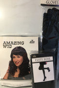 Women's Party Costume Set - 3pc Amazing Wig, Long Satin Gloves & Pantyhose (Black, Red, White)