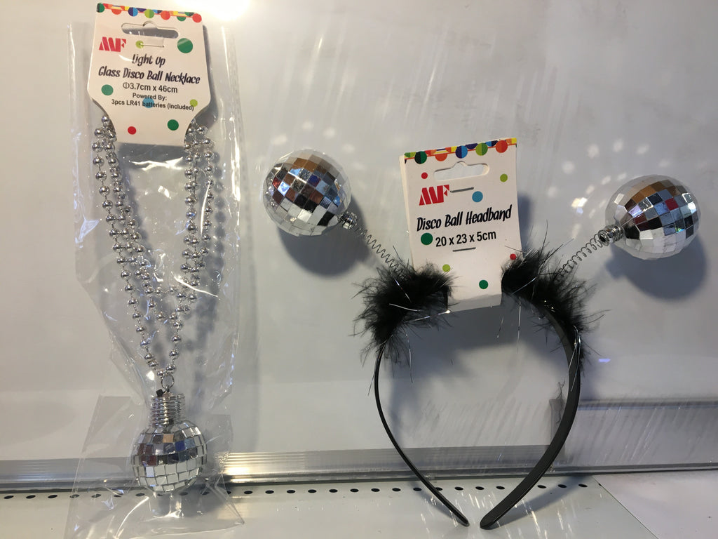 2-Piece Disco Party Accessory Set - Light Up Glass Disco Ball Necklace and Feathered Mirror Ball Headband, 70s Retro Costume Kit for Festivals, Raves, New Year's Eve, Theme Parties