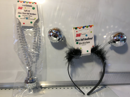 2-Piece Disco Party Accessory Set - Light Up Glass Disco Ball Necklace and Feathered Mirror Ball Headband, 70s Retro Costume Kit for Festivals, Raves, New Year's Eve, Theme Parties