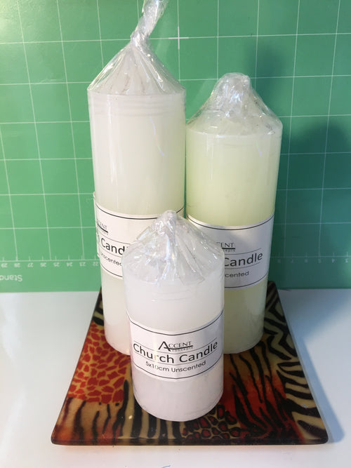 Church Candle Set with Free Glass Plate – 3 Piece Unscented Pillar Candles (10cm, 15cm & 17.5cm)
