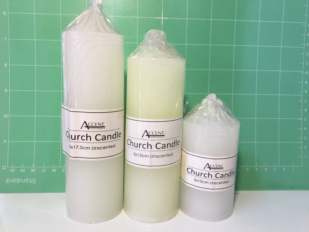 Church Candle Set with Free Glass Plate – 3 Piece Unscented Pillar Candles (10cm, 15cm & 17.5cm)