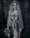 Ghostly Bride Halloween Costume for Women - Corpse Bride Dress & Veil Set - Gothic Zombie Wedding Gown, Haunted House Monster Cosplay Outfit, Creepy Living Dead Doll