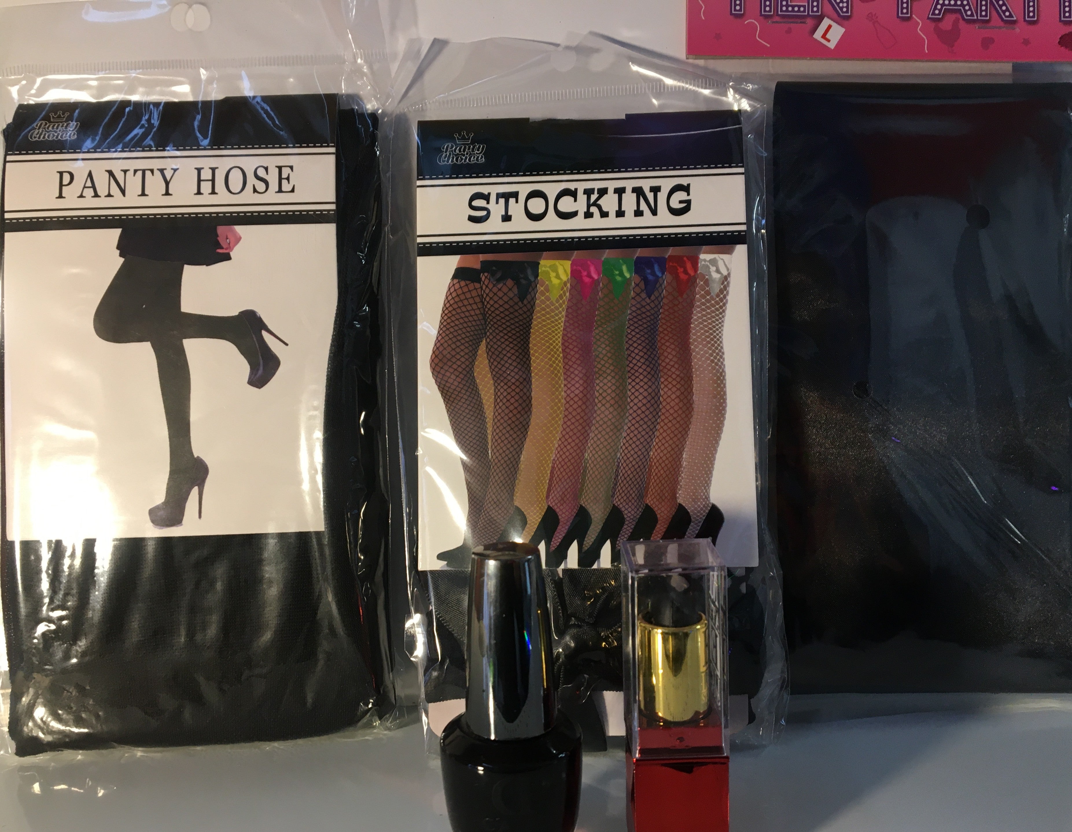 Hen Party Survival Kit - Black Sash, Pantyhose, Fishnet Stockings, Nail Polish & Lipstick Gift Set