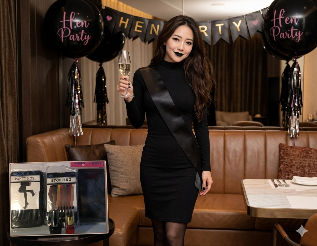 Hen Party Survival Kit - Black Sash, Pantyhose, Fishnet Stockings, Nail Polish & Lipstick Gift Set