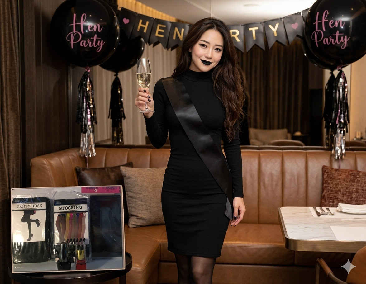 Hen Party Survival Kit - Black Sash, Pantyhose, Fishnet Stockings, Nail Polish & Lipstick Gift Set
