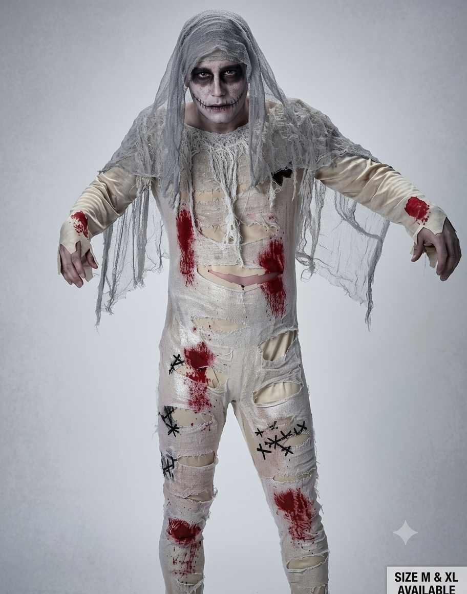Men's Tomb Mummy Halloween Costume (Sizes M, XL) - Bloody Undead Jumpsuit & Headscarf Set - Scary Egyptian Pharaoh Zombie, Haunted House Cosplay Outfit