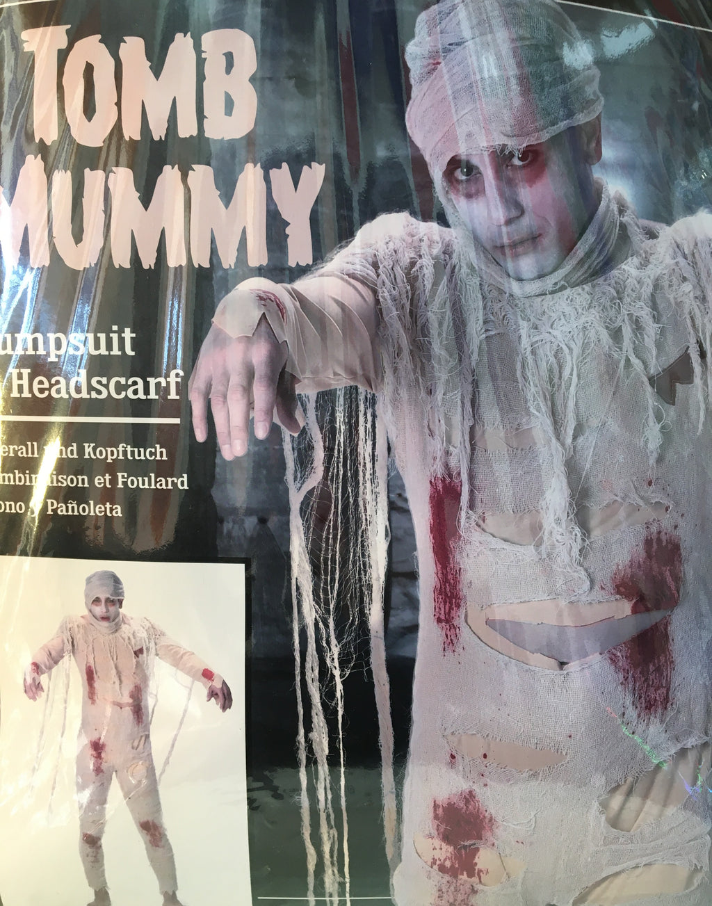 Men's Tomb Mummy Halloween Costume (Sizes M, XL) - Bloody Undead Jumpsuit & Headscarf Set - Scary Egyptian Pharaoh Zombie, Haunted House Cosplay Outfit