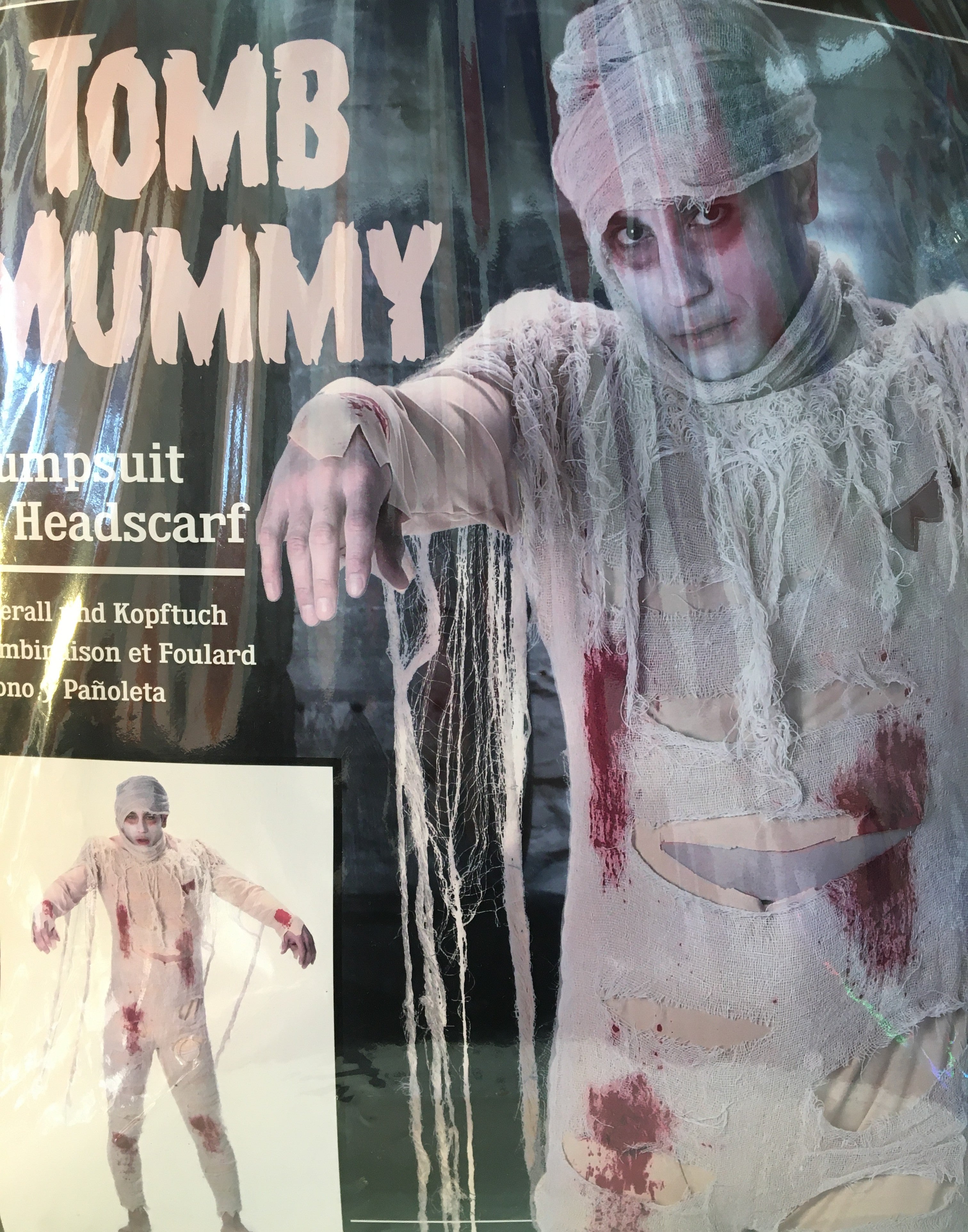 Men's Tomb Mummy Halloween Costume (Sizes M, XL) - Bloody Undead Jumpsuit & Headscarf Set - Scary Egyptian Pharaoh Zombie, Haunted House Cosplay Outfit