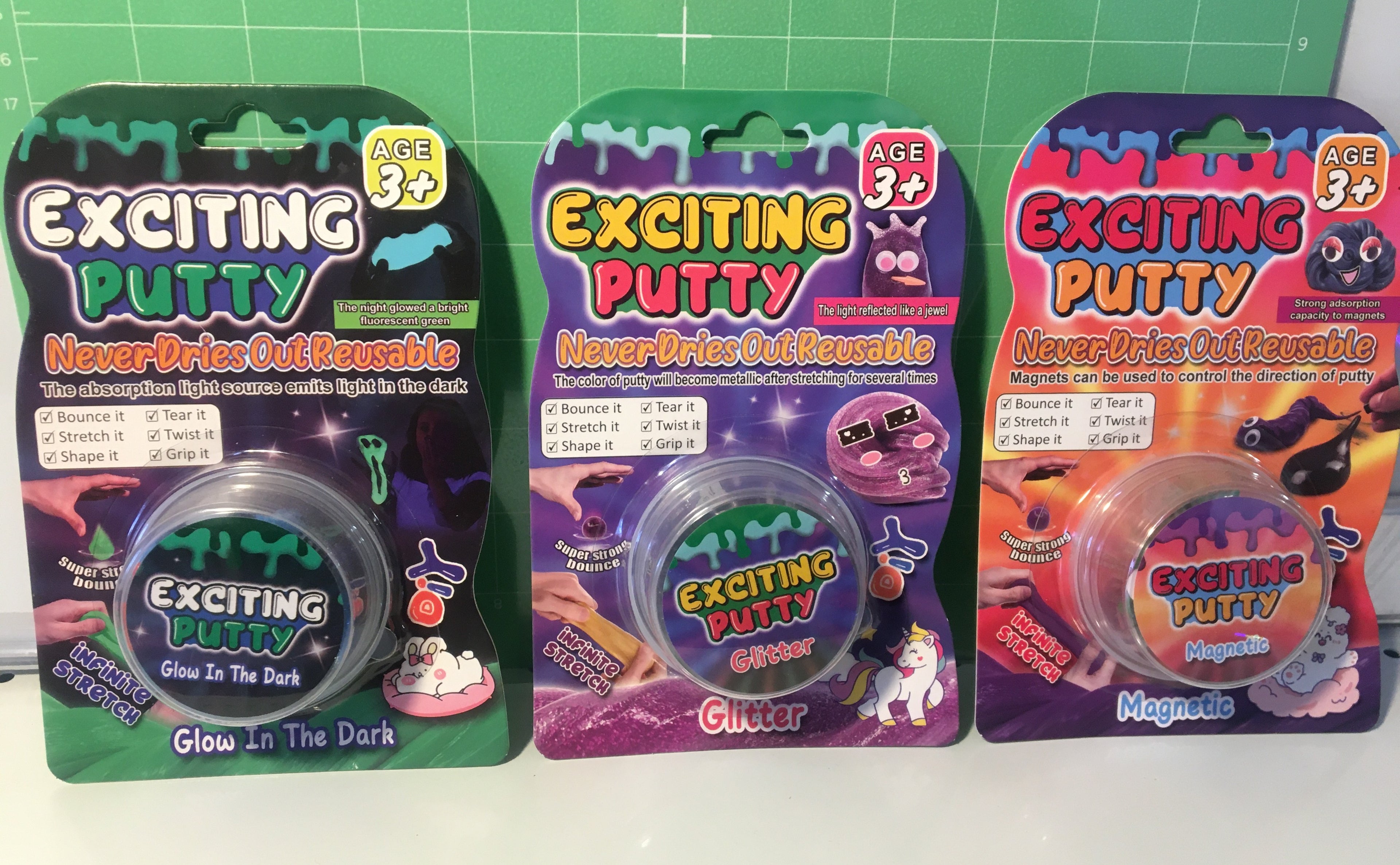 Reusable Never Dry Out Putty 3 Pack – Glow in the Dark, Glitter & Magnetic Sensory Fidget Toy for Kids & Adults | Stress Relief Stretch Slime