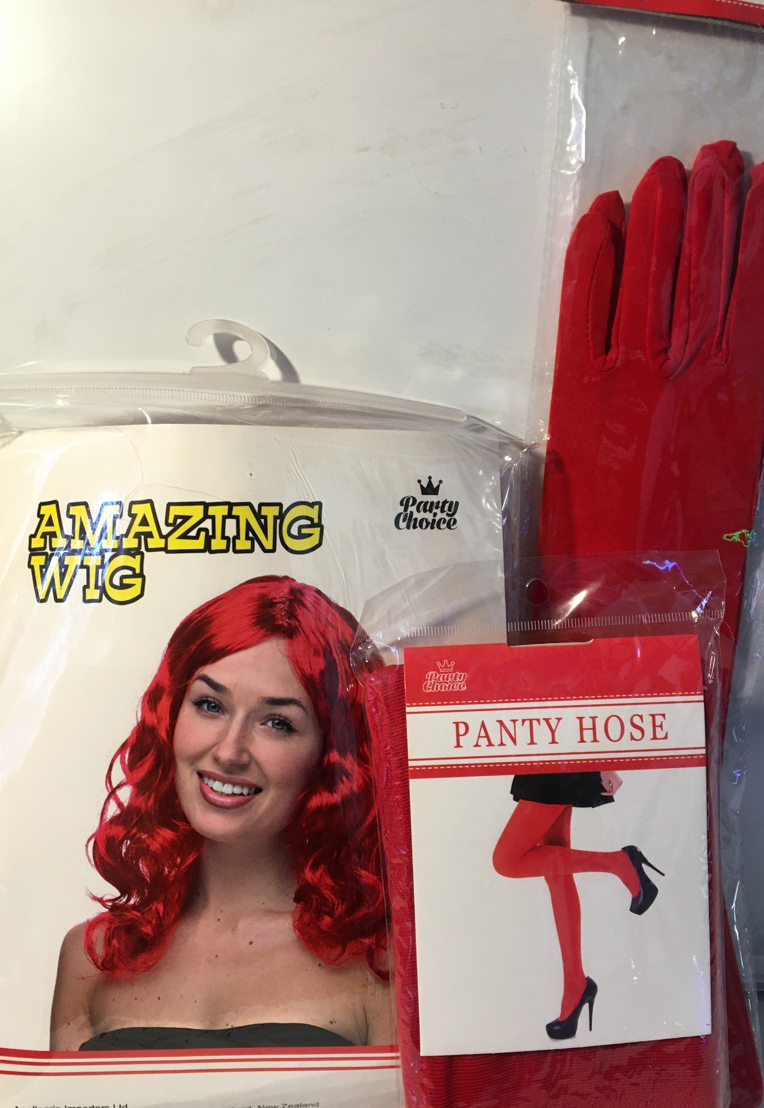 Women's Party Costume Set - 3pc Amazing Wig, Long Satin Gloves & Pantyhose (Black, Red, White)