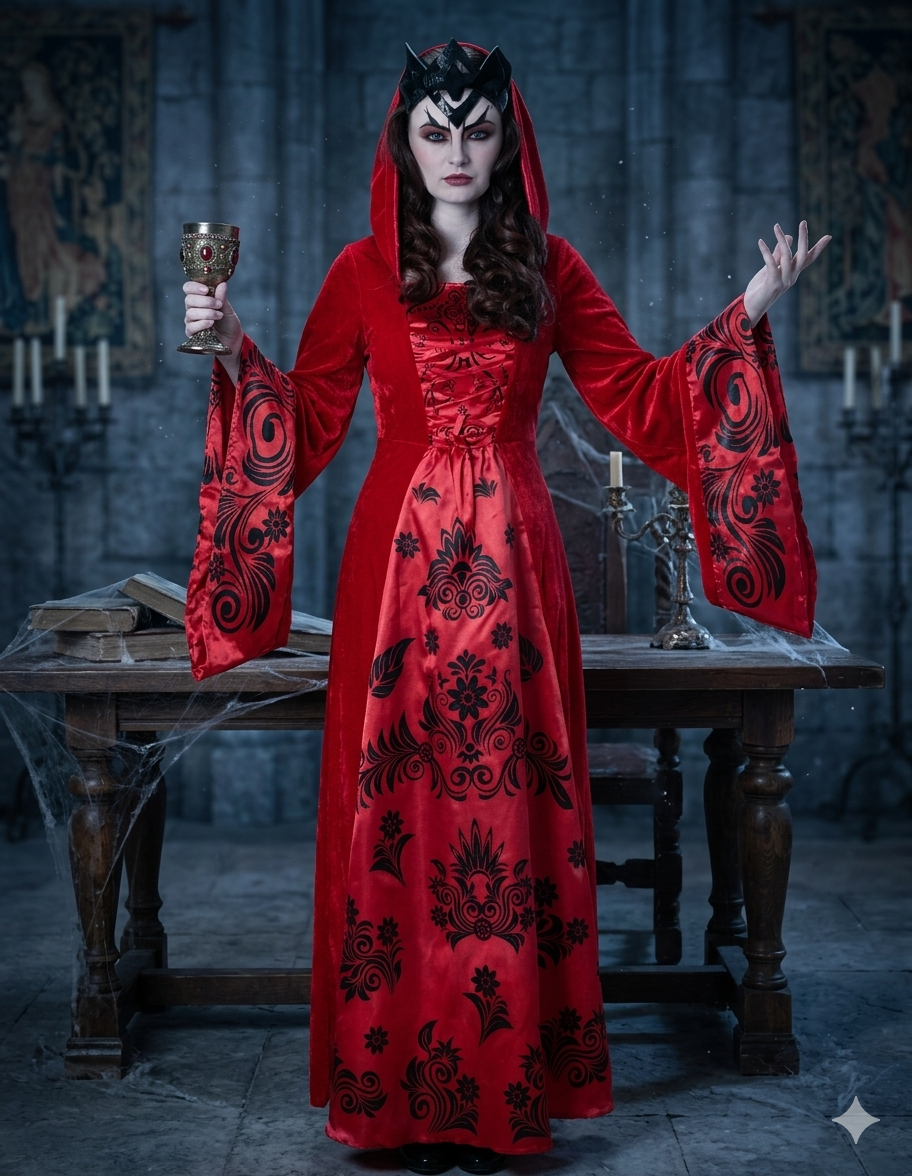 Vampire Queen Costume for Women - Red & Black Hooded Gothic Dress with Crown - Renaissance Medieval Witch, Countess Dracula, Vampiress Cosplay Outfit for Halloween