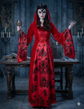 Vampire Queen Costume for Women - Red & Black Hooded Gothic Dress with Crown - Renaissance Medieval Witch, Countess Dracula, Vampiress Cosplay Outfit for Halloween