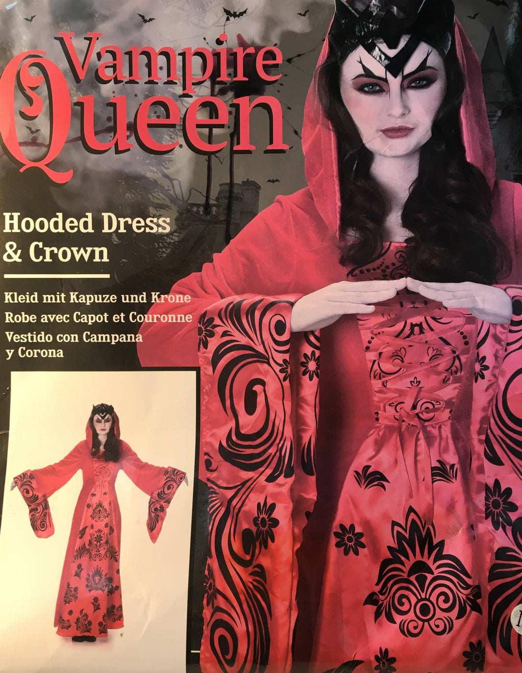Vampire Queen Costume for Women - Red & Black Hooded Gothic Dress with Crown - Renaissance Medieval Witch, Countess Dracula, Vampiress Cosplay Outfit for Halloween