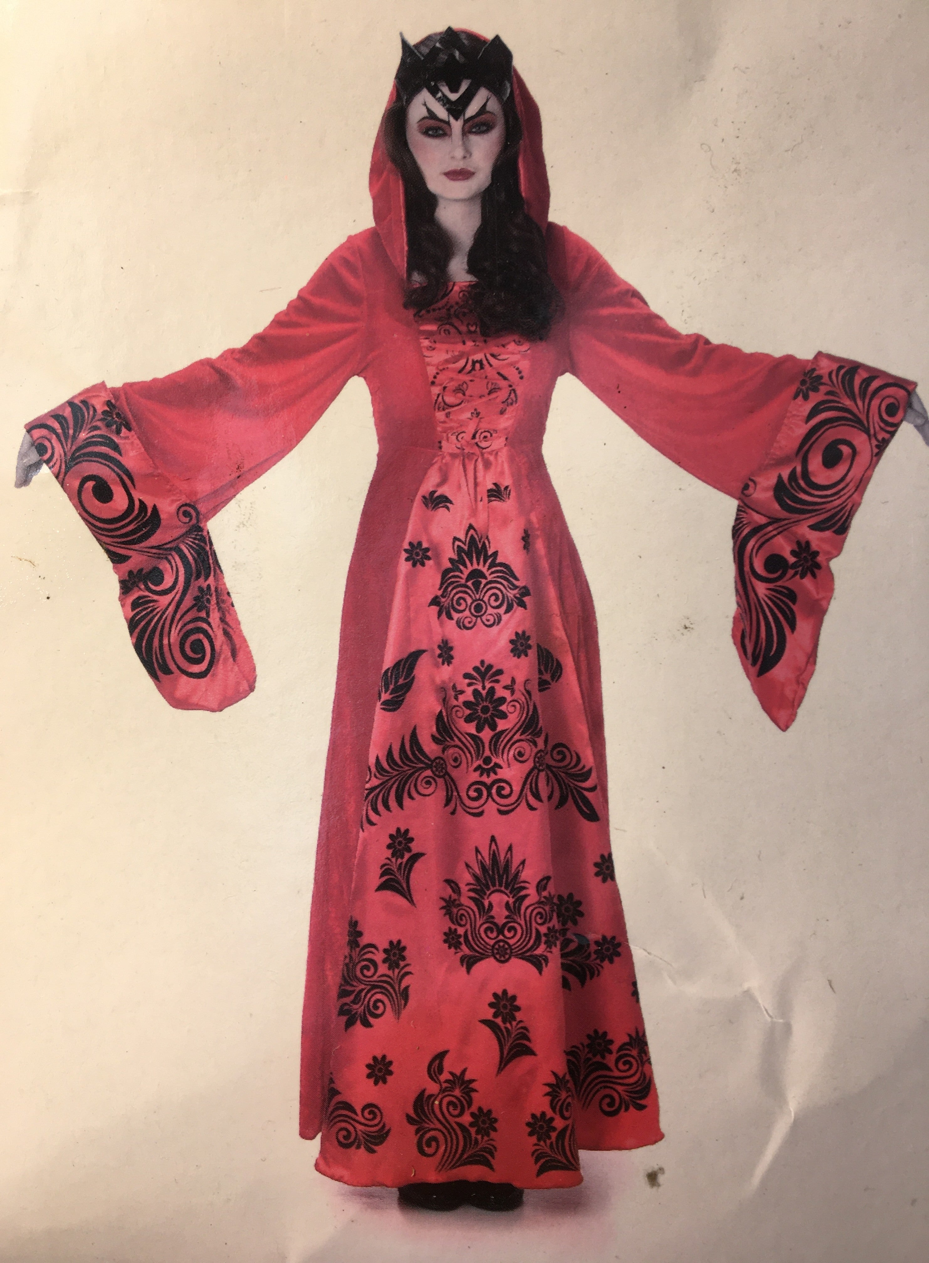 Vampire Queen Costume for Women - Red & Black Hooded Gothic Dress with Crown - Renaissance Medieval Witch, Countess Dracula, Vampiress Cosplay Outfit for Halloween