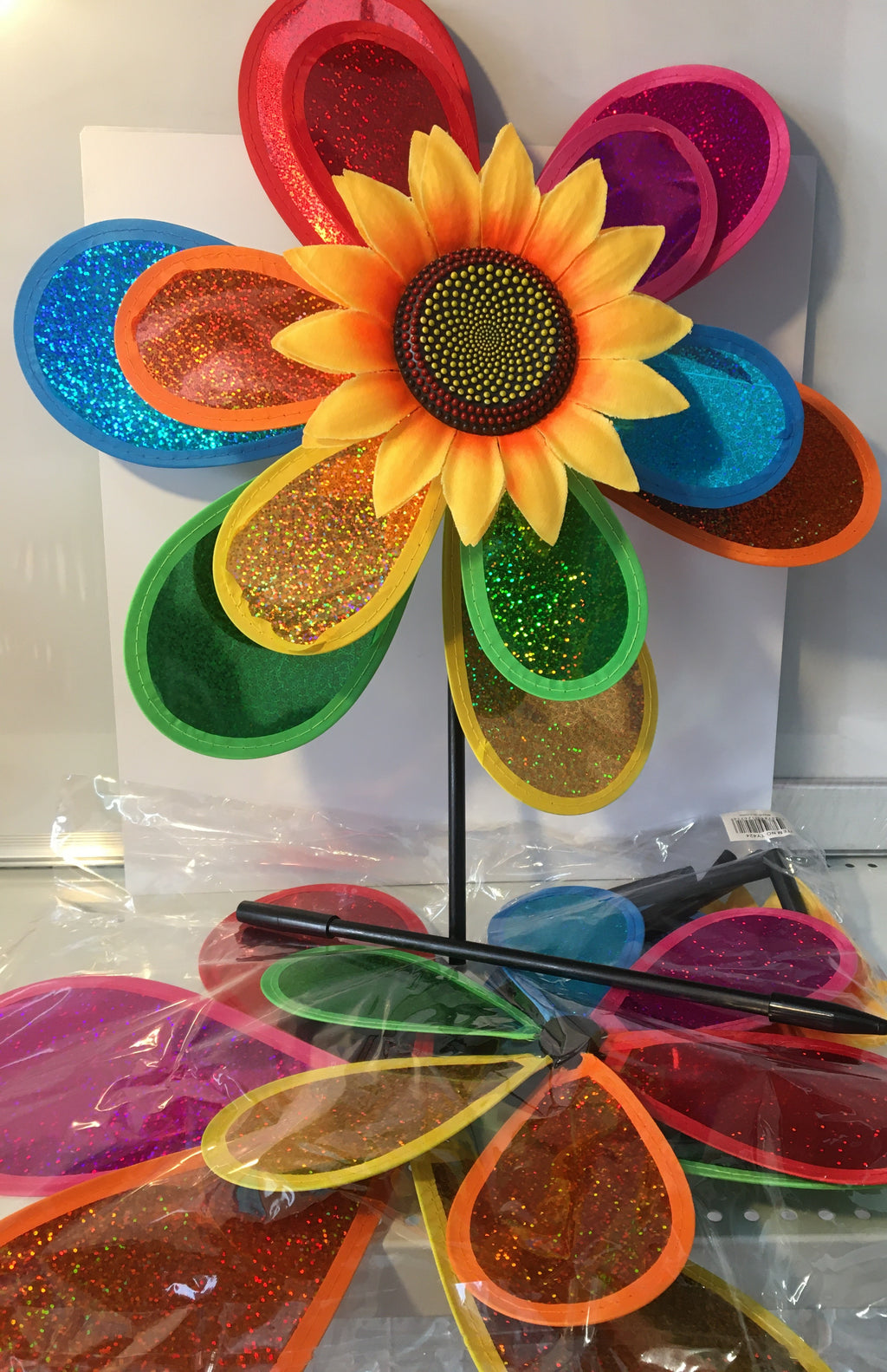 38cm Rainbow Sunflower Windmill Garden Spinner with 50cm Stake – Colourful Outdoor Yard Decoration